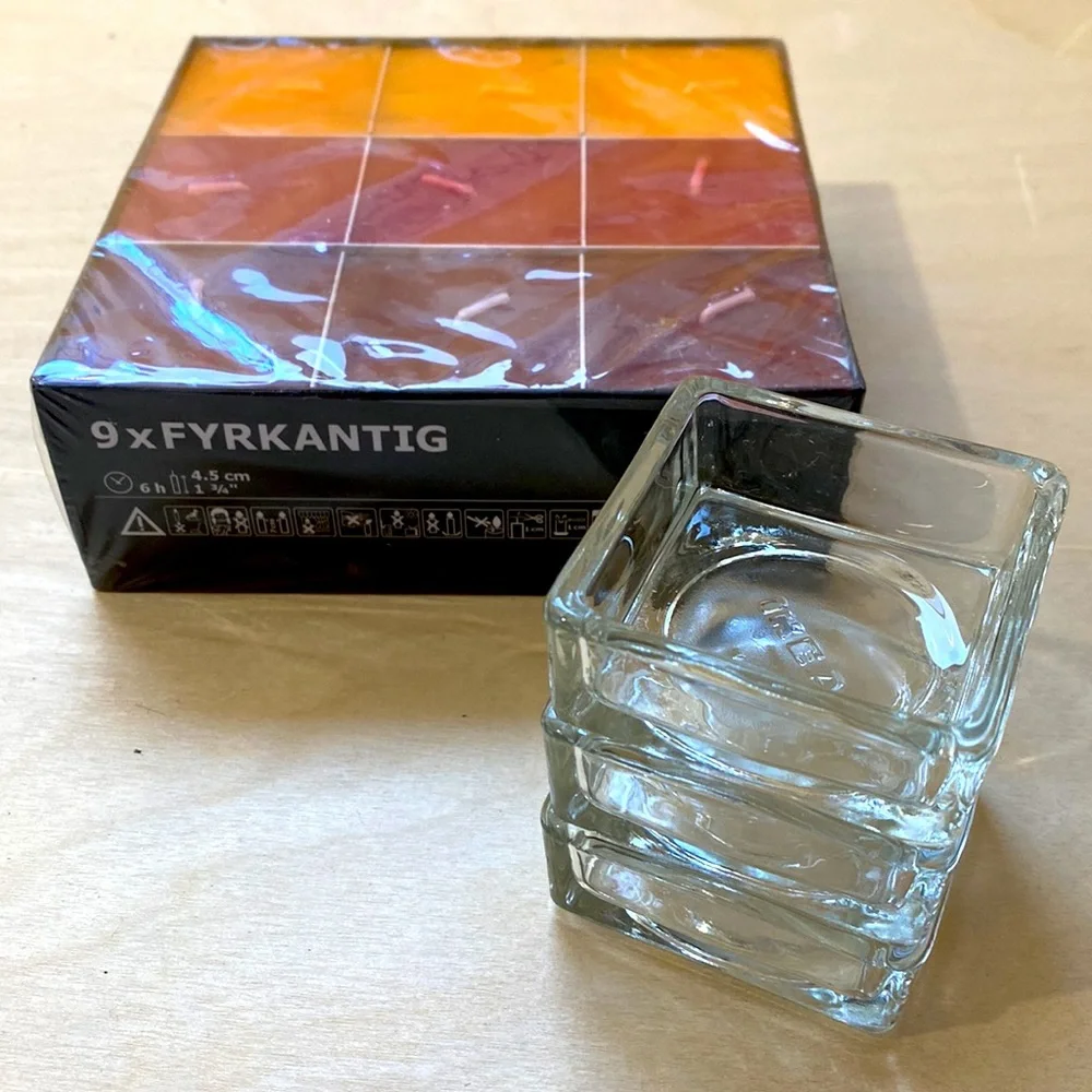 IKEA🍁CANDLES SQUARE 9 pack W/ 3 GLASS SQUARE BASES